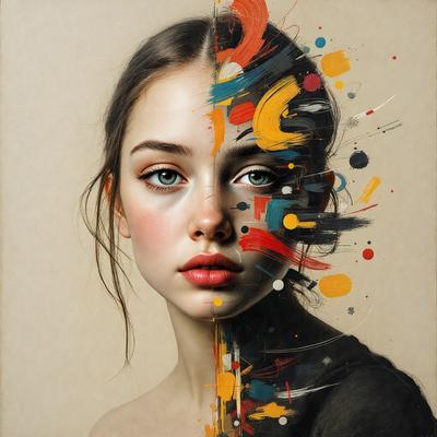The primary subject of the image is a woman with a mix of colors on her face. She is wearing a black shirt and has a pink lipstick on her lips. The setting is a painting, and the visual style is a combination of digital art and illustration. The colors and mood of the image are vibrant and lively, with the woman's face being the focal point of the painting.